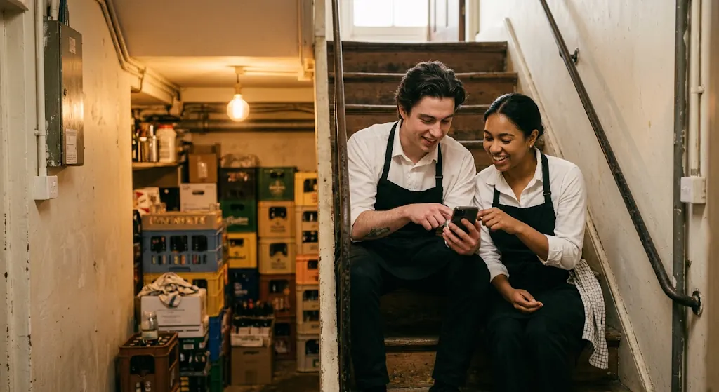 Twee collega's zitten op de keldertrap tussen de bierkratten en kijken samen lachend op een telefoon